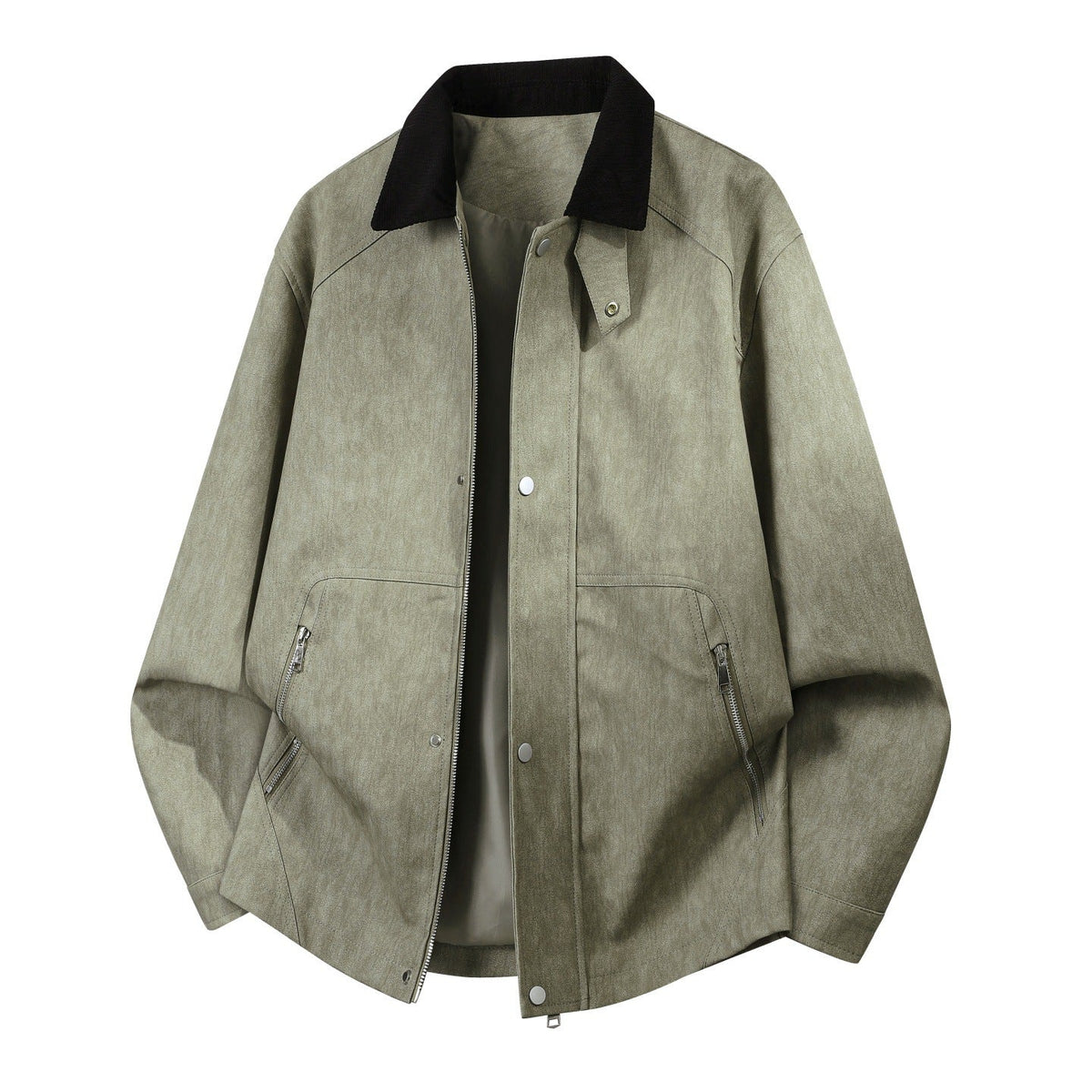 Jakker med mørk kontrastkrave og skrå lynlåslommer - Khaki #Farve_Khaki