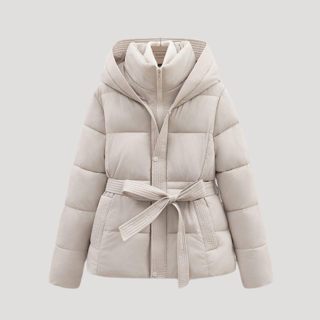 Jakker med quiltet hætte og bredt bælte med stikninger - Beige #Farve_Beige