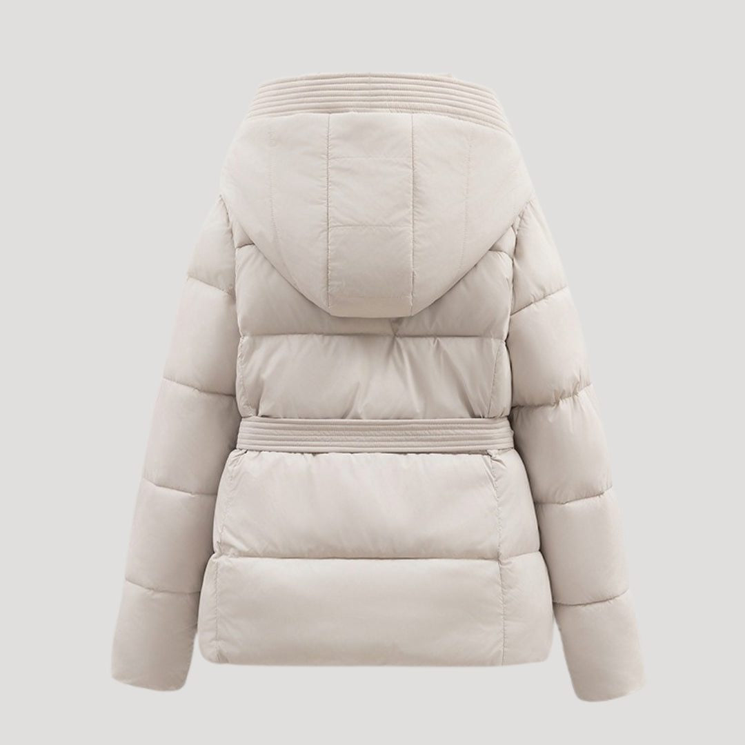 Jakker med quiltet hætte og bredt bælte med stikninger - Beige #Farve_Beige