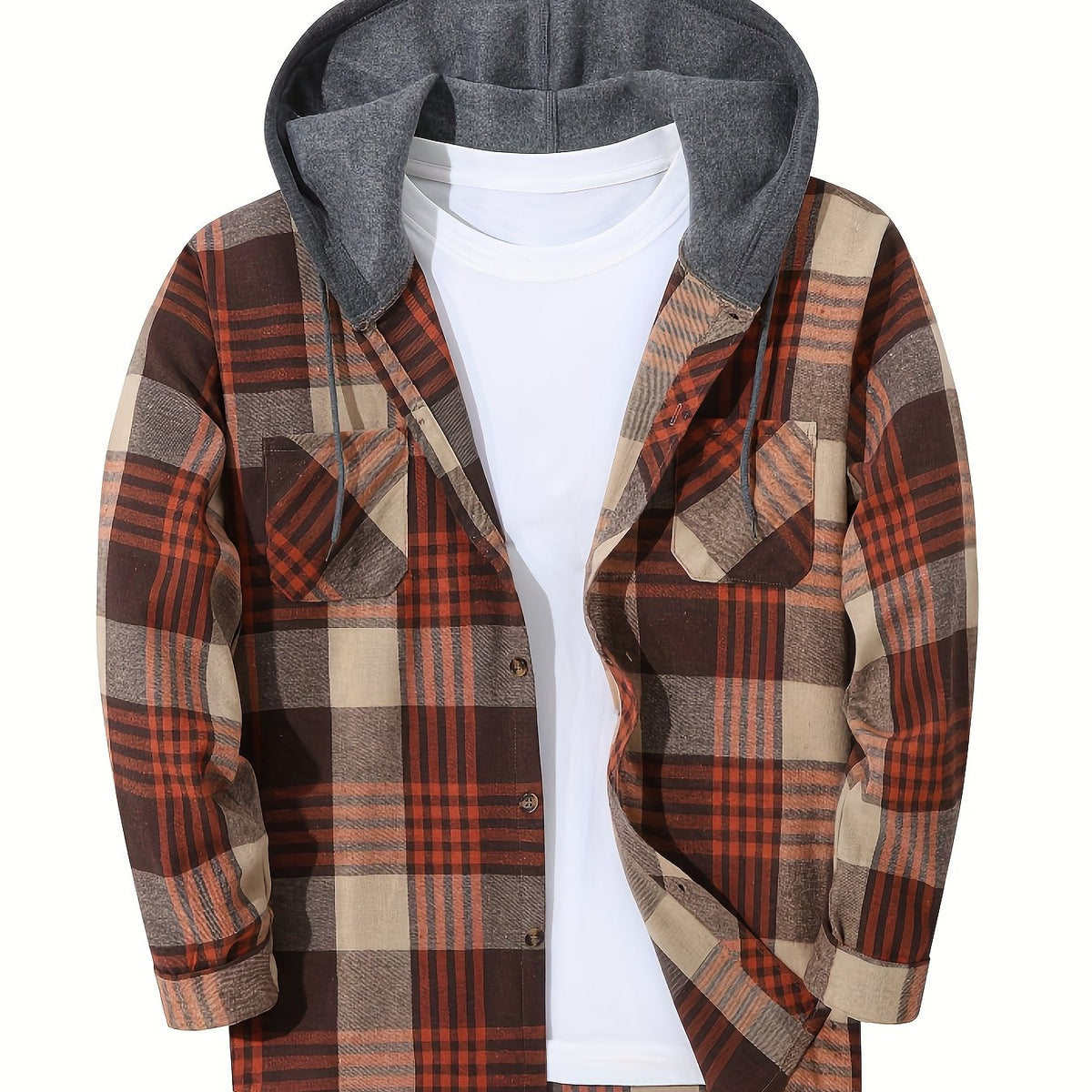 Skjorter med tern, kontrasthætte og lommeklapper - Khaki/Orange/Brun #Farve_Khaki/Orange/Brun