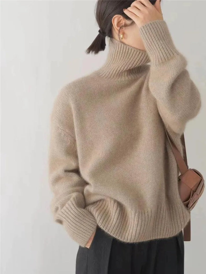 Striktrøjer med høj ribkrave og brede lange manchetter - Beige #Farve_Beige