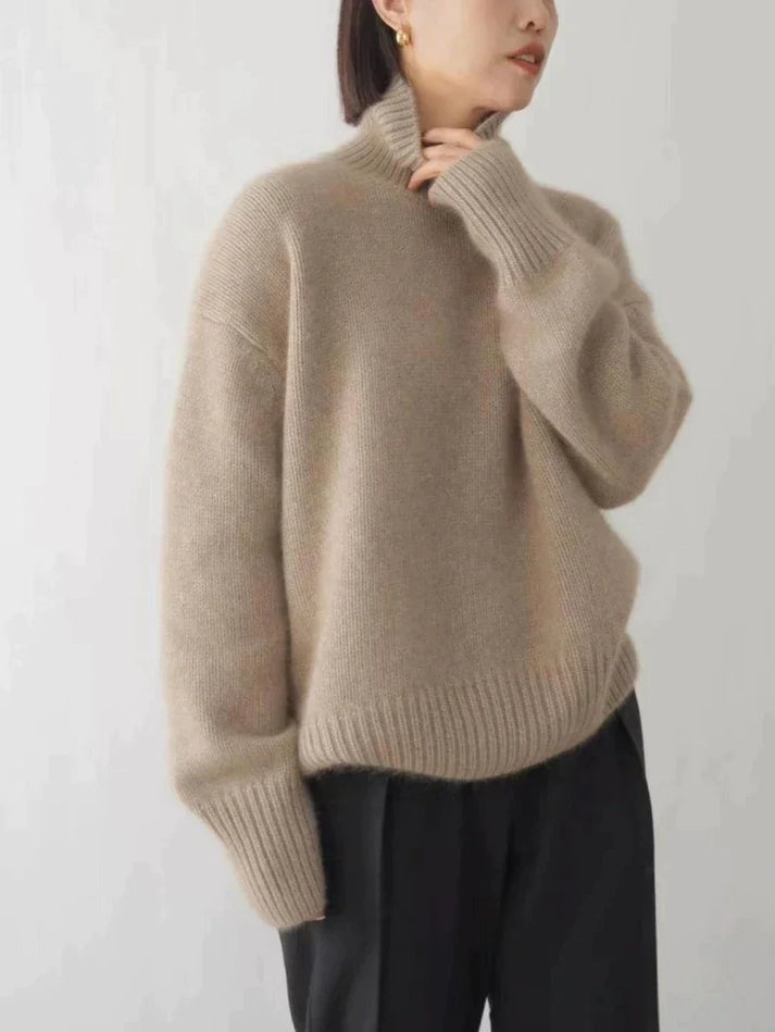 Striktrøjer med høj ribkrave og brede lange manchetter - Beige #Farve_Beige