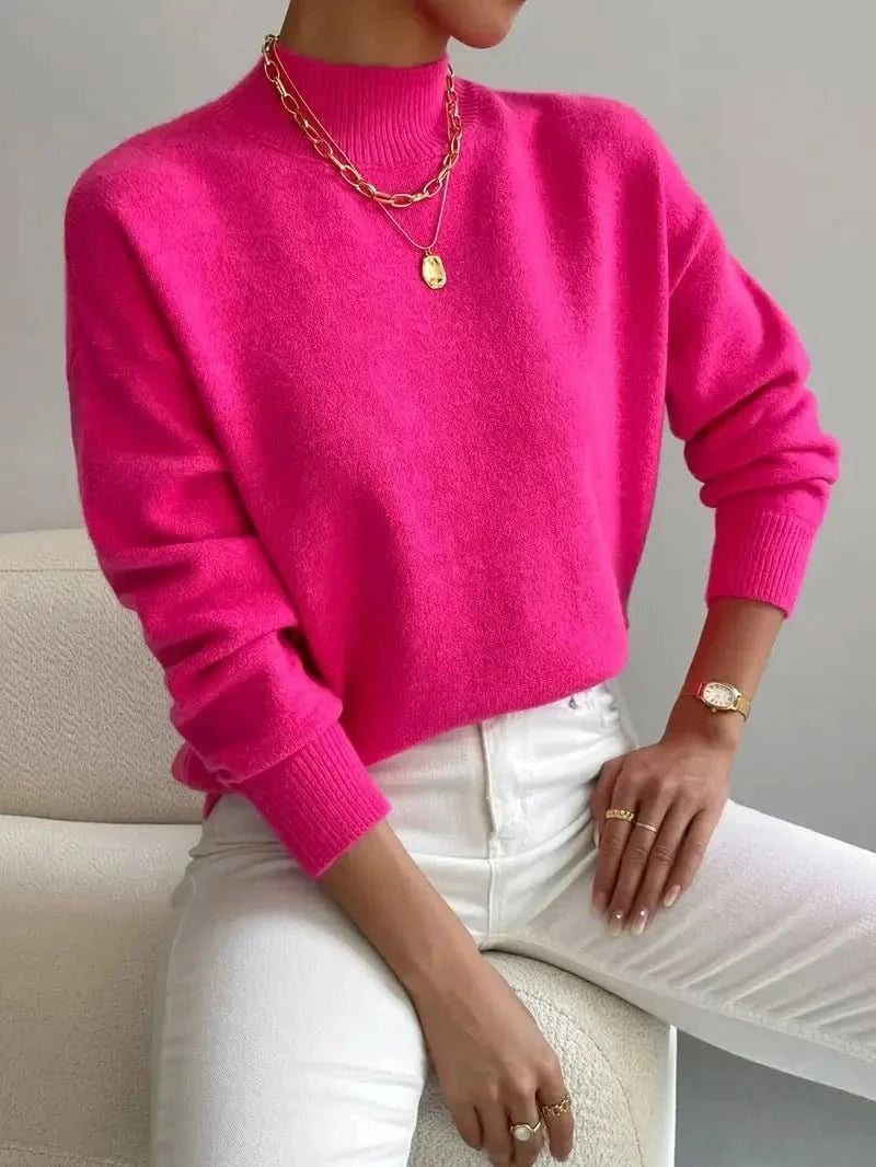 Striktrøjer med rund hals, faldskulder og ribkanter - Pink #Farve_Pink