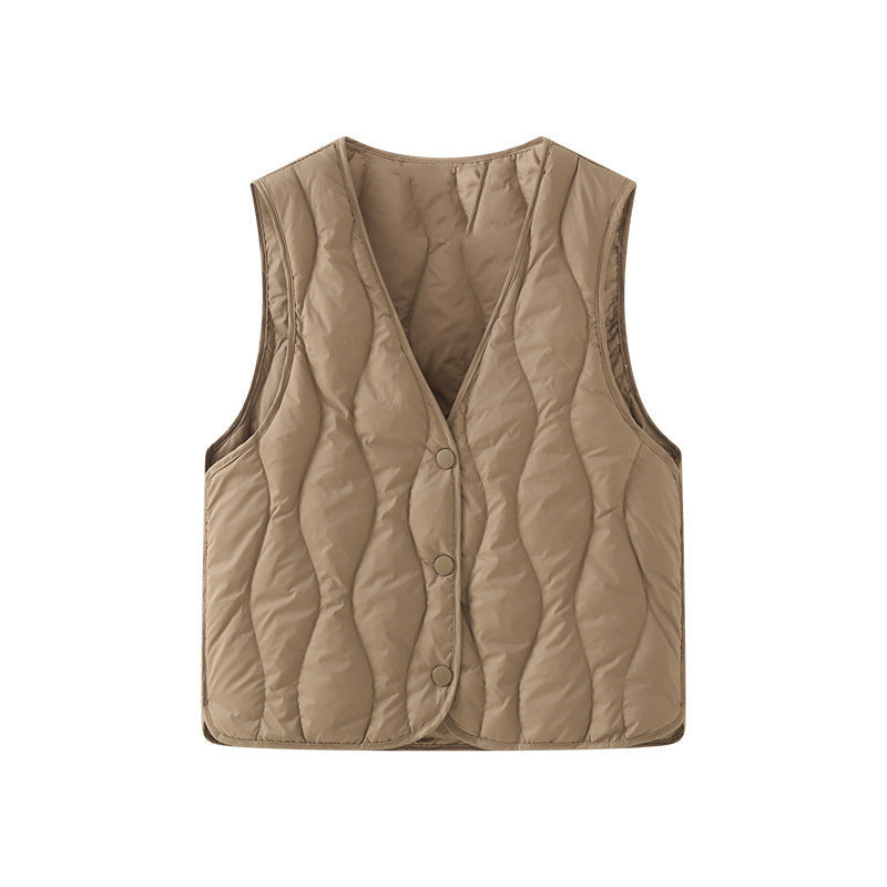 Vest med bølgede quiltninger og rundede forkanter - Khaki #Farve_Khaki