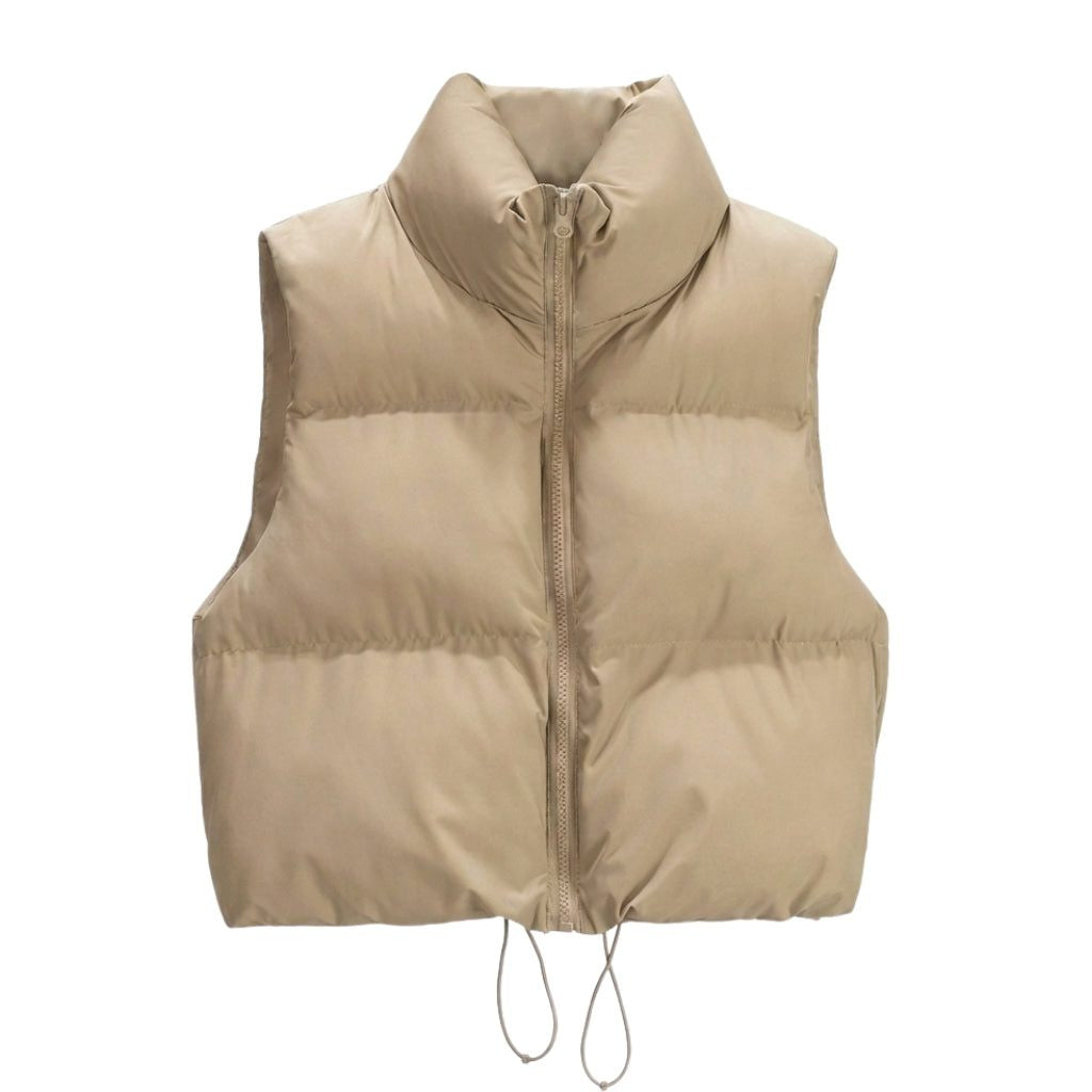 Vest med høj quiltet krave og snøre i underkanten - Khaki #Farve_Khaki