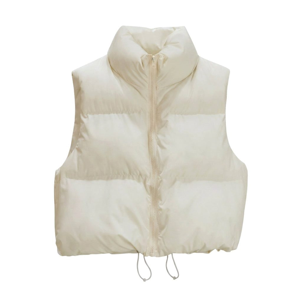 Vest med høj quiltet krave og snøre i underkanten - Beige #Farve_Beige