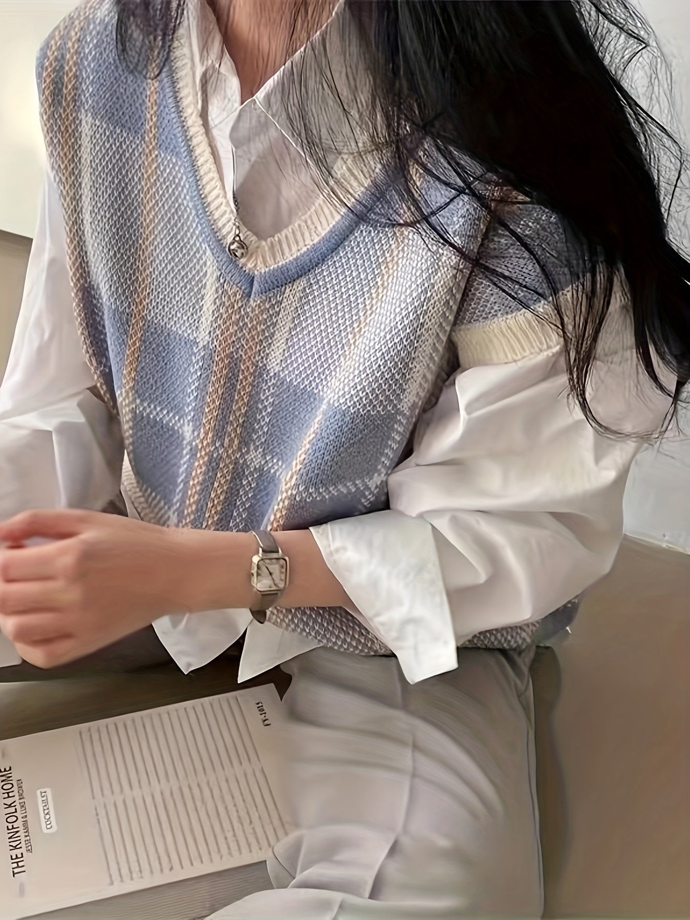 Vest med lyse kontrastkanter og store strikkede tern - Flerfarvet #Farve_Flerfarvet