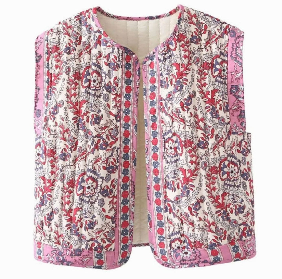 Vest med tæt blomsterprint og smalle kontrastkanter - Lilla #Farve_Lilla