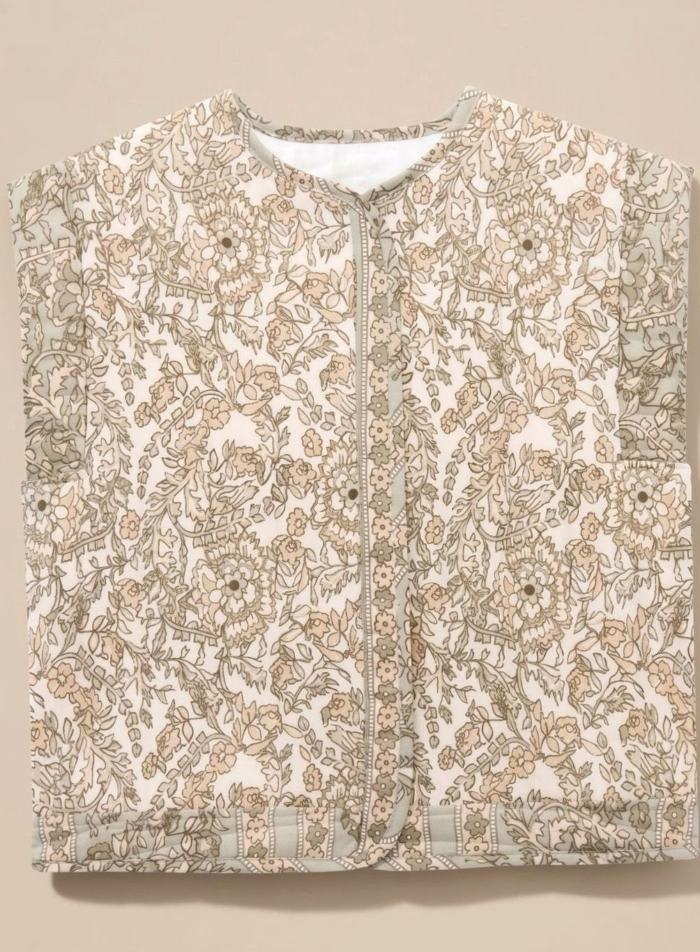 Vest med tæt blomsterprint og smalle kontrastkanter - Khaki #Farve_Khaki