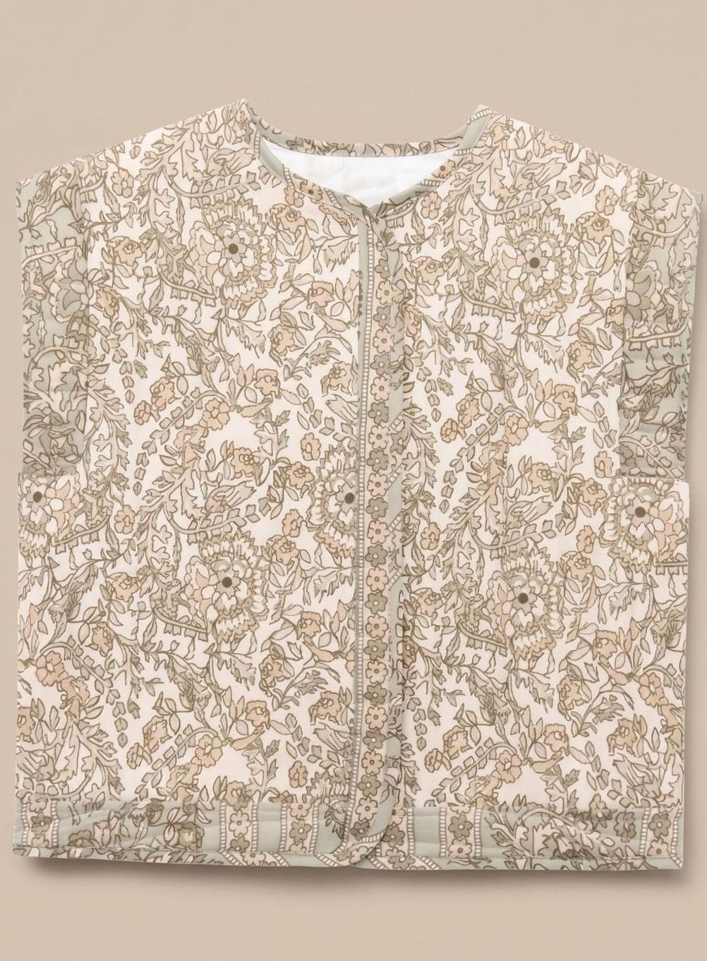 Vest med tæt blomsterprint og smalle kontrastkanter - Khaki #Farve_Khaki